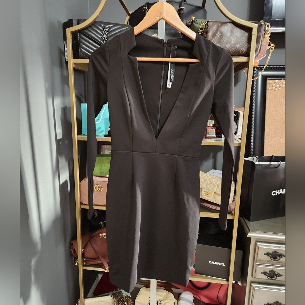 AQ/AQ Sez Plunge Mini Dress Black Size 2 Long Sleeve Bodycon Revolve